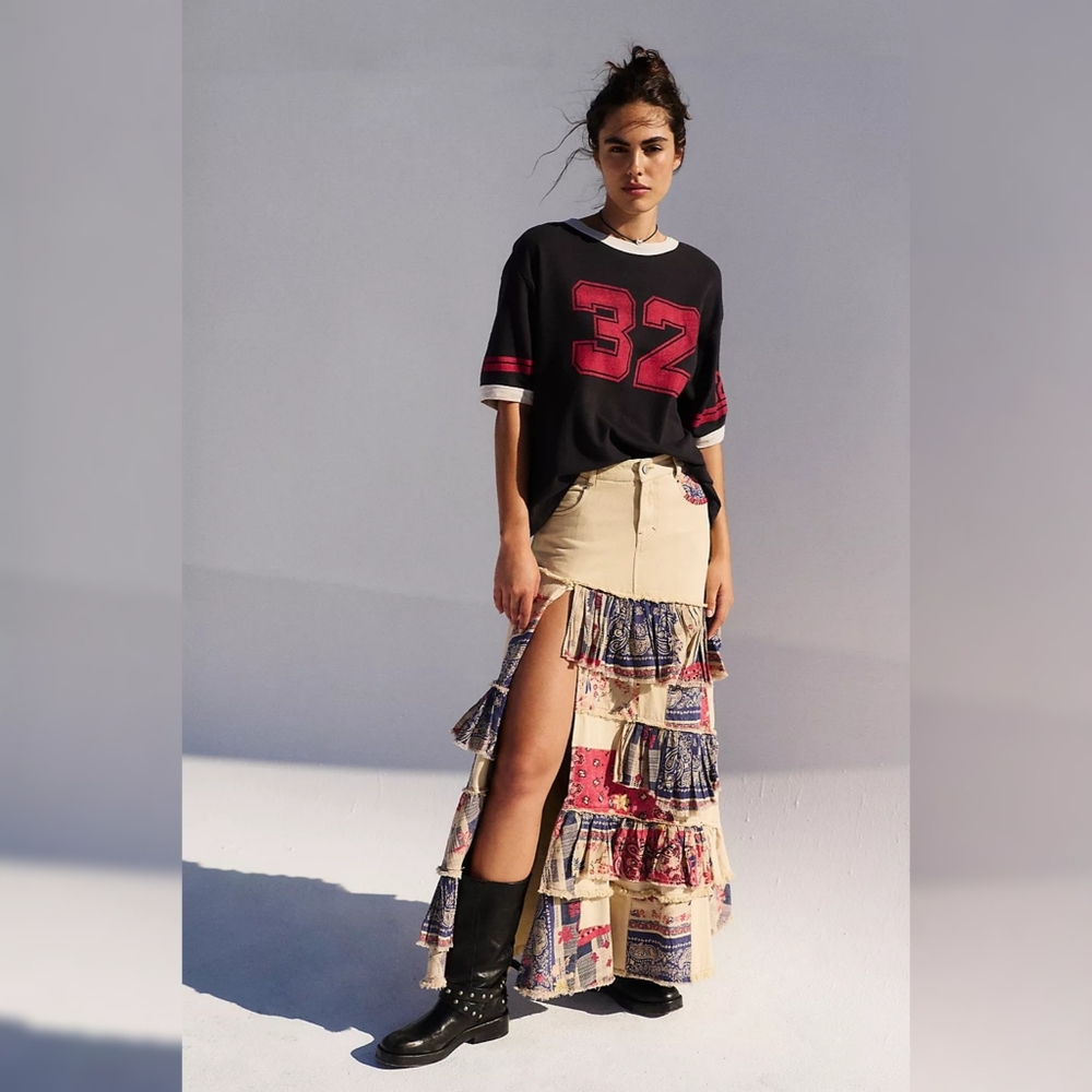 Free People Harvest Moon Maxi Skirt Tiered Ruffle Denim Skirt Women's Size 30